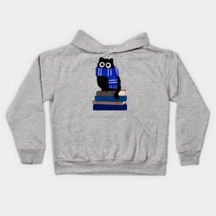 cat with blue scarf on stack of books Kids Hoodie